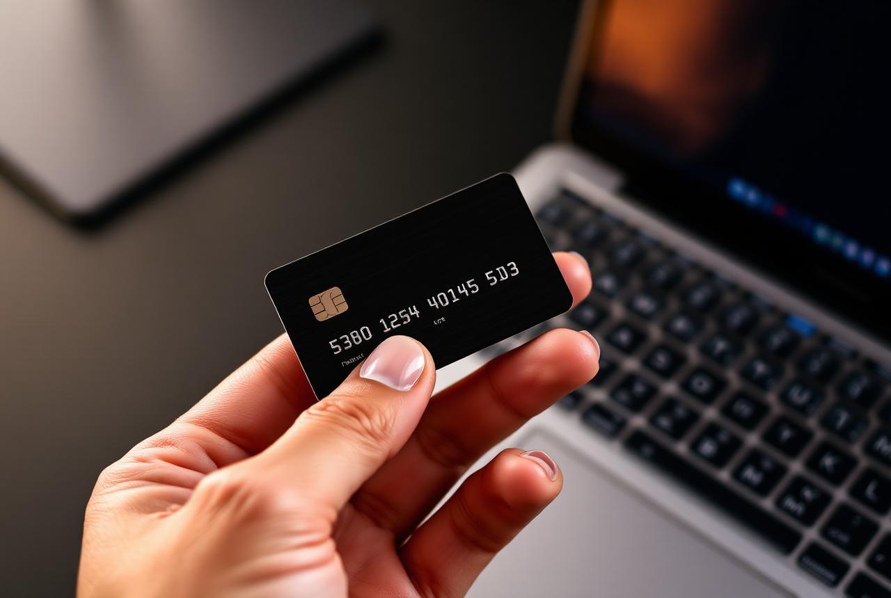 Vault Flow Capital metal payment card held beside a laptop